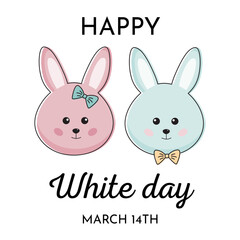 Happy White day with bunnies in kawaii style. Romantic couple of bunny for holiday. White day romantic greeting. 14 March. For cards, posters, invitation.