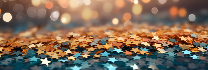 Glitter stars scattered on the ground, blue and gold, decorative background - obrazy, fototapety, plakaty