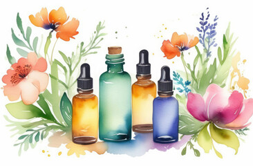 Obraz na płótnie Canvas beauty herbal product spa aroma oil. spring concept of natural organic cosmetics, watercolor.