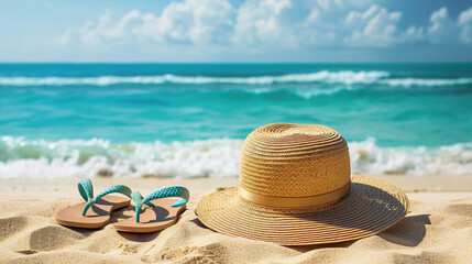 Straw hat, sunglasses and flip-flops on a tropical beach. Summer holiday and travel background