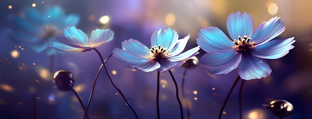 White flowers, daisies on a blue magical background