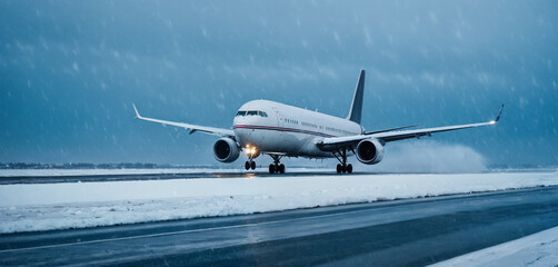 Fototapeta na wymiar front-view plane landing on an airport, stormy storm wind, frozen ice winter snowfall chaos, minus temperature, fictional location