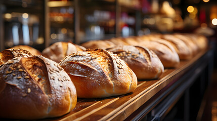 Many breads in the bakery on the shelf - obrazy, fototapety, plakaty