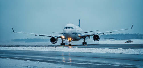 front-view plane landing on an airport, stormy storm wind, frozen ice winter snowfall chaos, minus temperature, fictional location