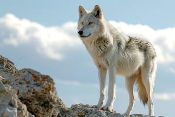 Capture a lone wolf standing on a rocky outcrop, its gaze fixed on the distant horizon
