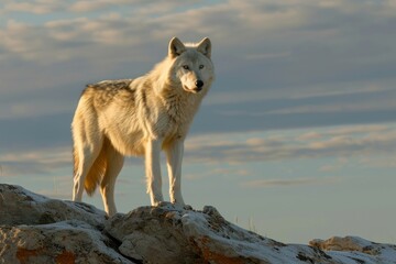 Capture a lone wolf standing on a rocky outcrop, its gaze fixed on the distant horizon