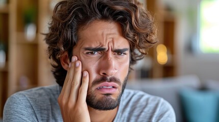 Man Experiencing Severe Toothache Pain Touching Jaw. - obrazy, fototapety, plakaty