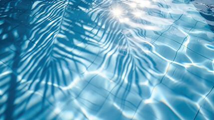Surface of blue pool water with shadow from palm leaf, abstract summer fresh background