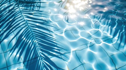 Surface of blue pool water with shadow from palm leaf, abstract summer fresh background - obrazy, fototapety, plakaty