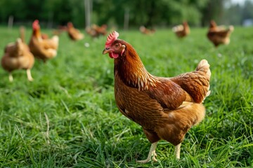 Fototapeta premium Chicken farming and agriculture on grass field or outdoo