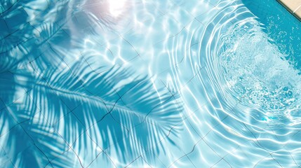 Fototapeta na wymiar Surface of blue pool water with shadow from palm leaf, abstract summer fresh background