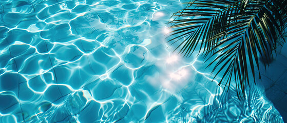 Surface of blue pool water with shadow from palm leaf, abstract summer fresh background