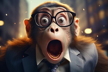 3D cartoon illustration,a monkey working on his laptop - obrazy, fototapety, plakaty