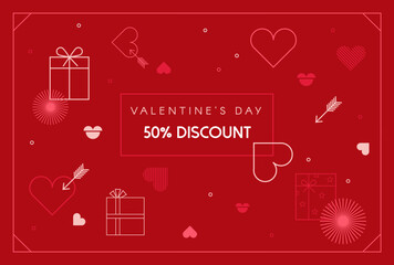 Valentine's Day sale promo banner. Vector illustration with line gift box, hearts and kisses on red background. Promo discount banner.
