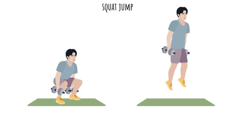 Asian young man doing squat jump exercise