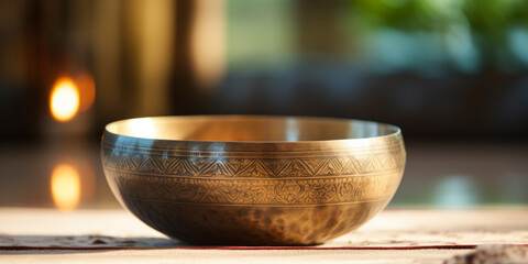 A close up of a tibetan singing bowl or himalayan bowl.