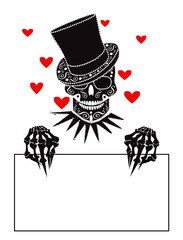 Happy Valentine. Blank paper with skull head gentleman and red hearts.