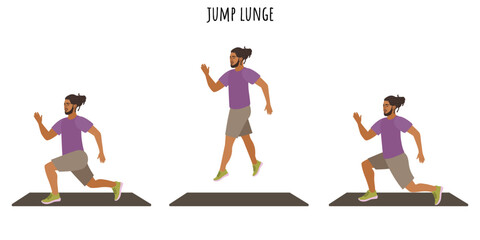Young man doing jump lunge exercise