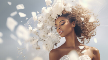 a bride dansing in a white dress with flying white flowers in the air - obrazy, fototapety, plakaty
