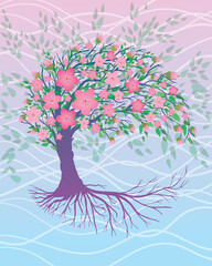 A pink tree of life or yggdrasil  with pink blossom flowers.  The tree is in pink and blue tints. The background is a soft blue and pink gradient with white lines and leafs

