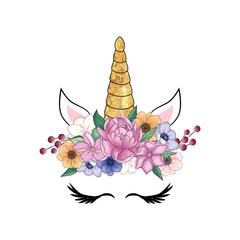 Cute unicorn head with flower crown.