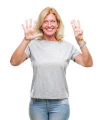 Fototapeta na wymiar Middle age blonde woman over isolated background showing and pointing up with fingers number eight while smiling confident and happy.