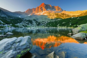 lake in the morning.  "Dawn's Majesty: Serene Lake at Mountain Sunrise"