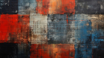 A grungy fabric with red, red and blue patterns on it, dark orange and dark black, crossed colors, bold color scheme, grid-based, small brushstrokes, multilayered