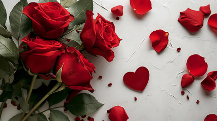 Red roses with carnations and hearts on white background. Valentine's day concept. Flat lay photography. Copy space. Red rose flower background