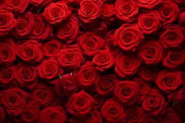 Close up, top view bouquet of red roses. Blooming rose, flower blossom and Valentine’s Day gift concept. Gorgeous luxury bouquet of red roses. flower background.