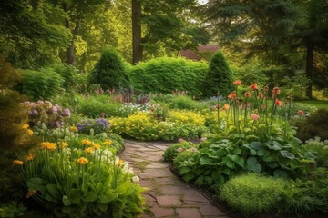 Fototapeta premium A stunning summer garden with exquisite landscaping. Generative AI