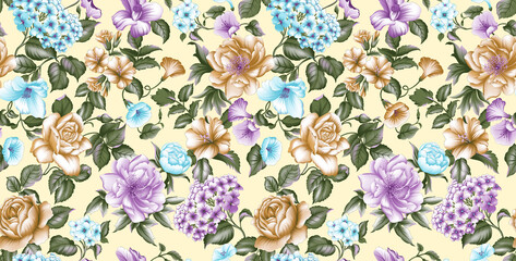 Abstract Digital Hand Drawn Seamless Floral Pattern Background. Ready for print allover flower textile design and texture.