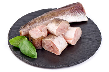Hake fish fillet, isolated on white background.