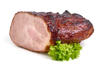 Roasted glazed shoulder of pork, isolated on white background.