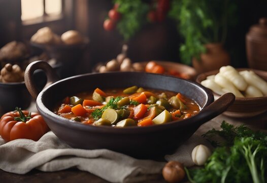 Traditional Vegetable Stew in a Rustic Clay Pot Setting