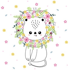 Cute cartoon lion with flowers vector illustration isolated on white background. Nursery print