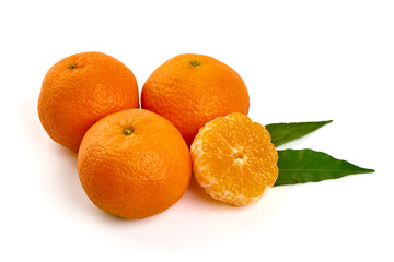 Mandarin. Tangerines with leaves, isolated on white background.