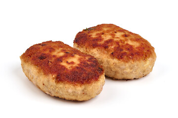 Homemade fried pork cutlets in breadcrumbs, meatballs from minced meat, isolated on white background.