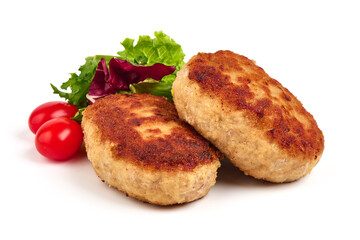 Roasted meatballs in breadcrumbs with mix salad, close-up, isolated on a white background.