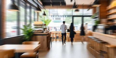 Bright Blur coffee shop with people in walking in blurred motion in coffee shop space.