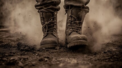 A documentary-style photograph featuring a worker's boots covered in construction dust, capturing the essence of hard work and dedication. The authentic atmosphere.