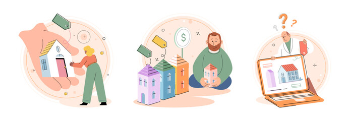 House for sale. Vector illustration Renting and investing in house required assessing potential rental income and property value appreciation The mortgage loofficer guided buyer through application