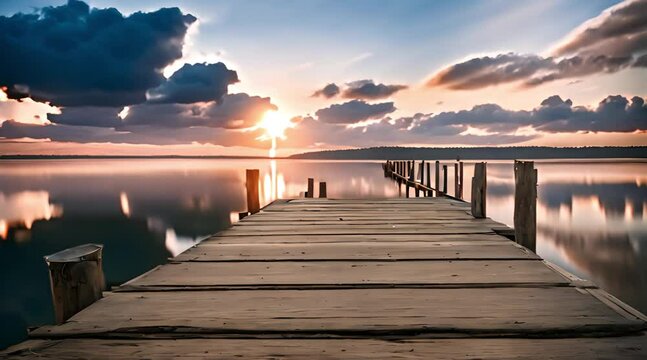 Wooden pier on the lake at beautiful sunset. Dramatic sky. generative AI images