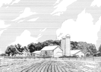 Pencil Hand drawn illustration of a barn in a wheat field