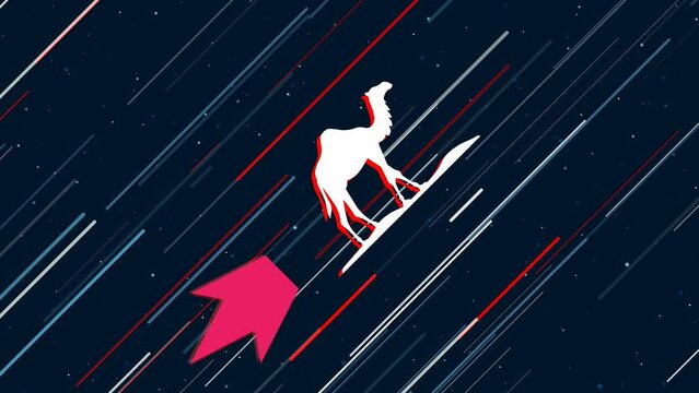 Wild camel symbol flies through the universe on a jet propulsion. The symbol in the center is shaking due to high speed. Seamless looped 4k animation on dark blue background with stars