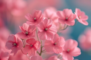 Gently pink flowers of anemones outdoors in summer spring close-up on turquoise background with soft selective focus