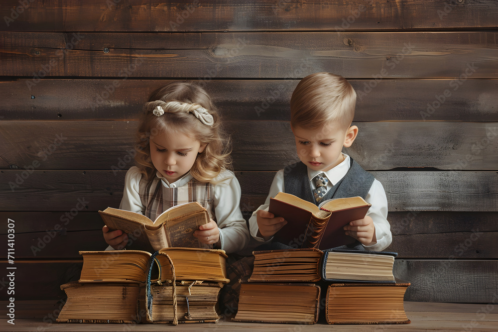 Wall mural cute little boy and girl reading holy bible book behind the stacks of books.