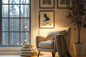 Minimalist interior design by the window. A soft beige chair, a stack of books and soft lighting create the perfect atmosphere for relaxation.