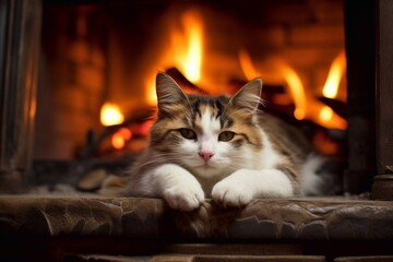 The cat lies near the fireplace. Cozy warm home. Close up. Generative Ai