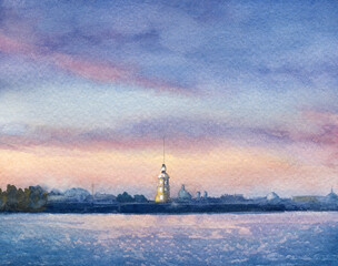 The Peter and Paul Fortress and the Neva River in the sunset rays. Watercolor landscape